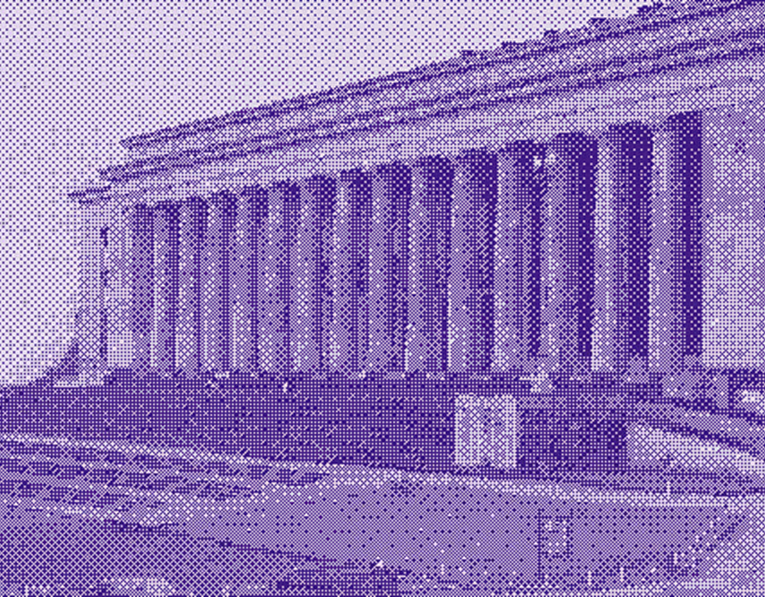 Edificio clásico con altas columnas y amplios escalones en el frente, mostrado en un estilo de medios tonos púrpura.