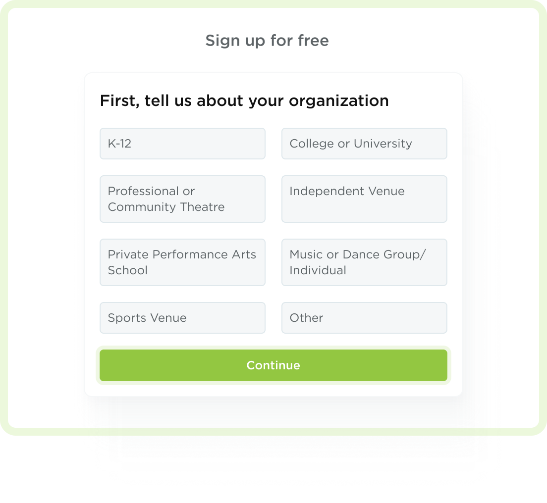 Ludus sign-up screen asking for organization type, with Independent Venue as an option