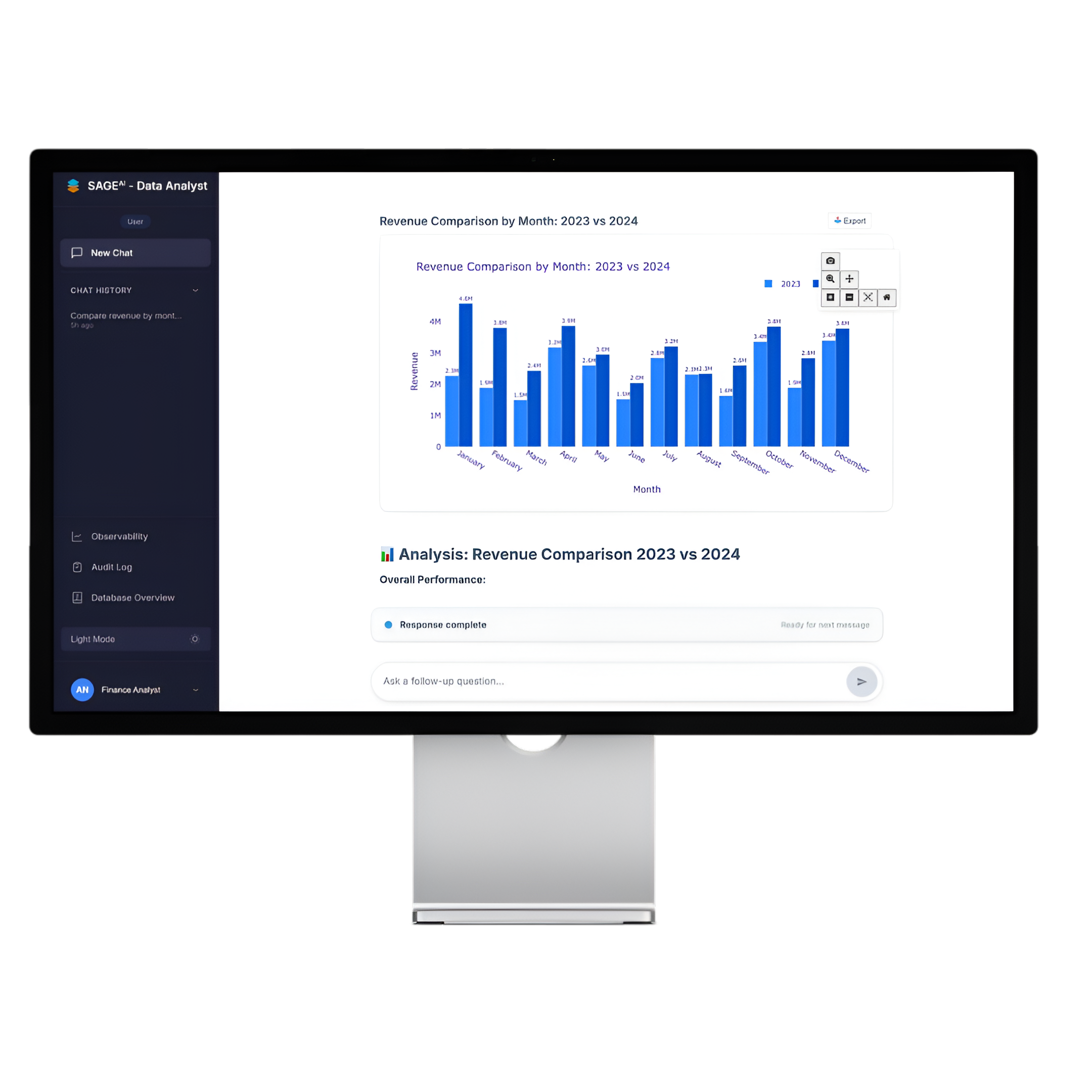 SAGE AI Data Analyst desktop interface showing natural language analytics dashboard