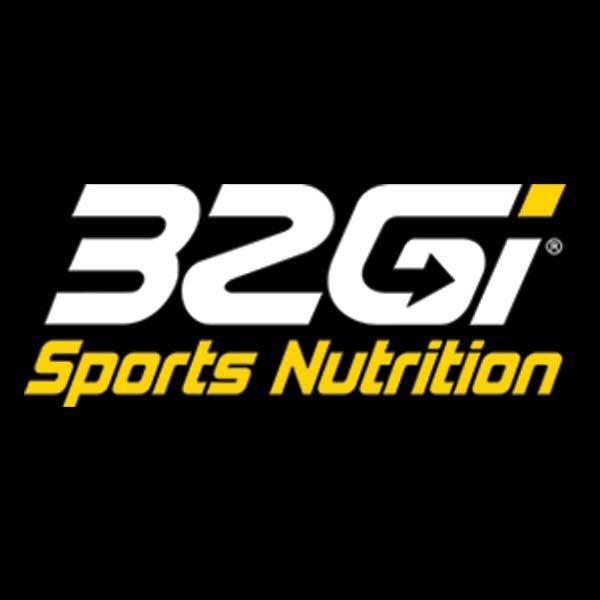 Logo of 32Gi Sports Nutrition with white and yellow text on a black background.