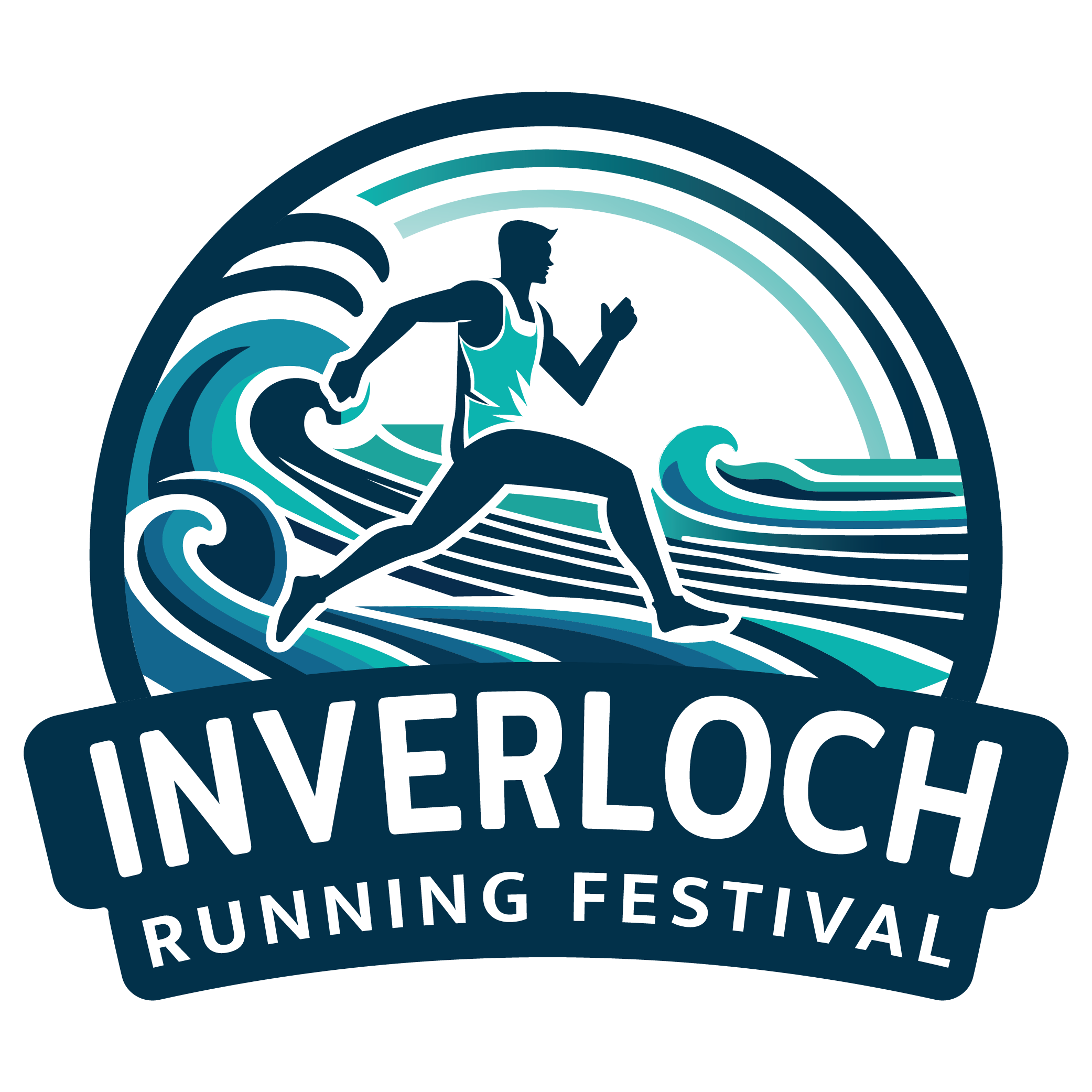 Logo of a person running with stylized ocean waves in the background and the text Inverloch Running Festival.