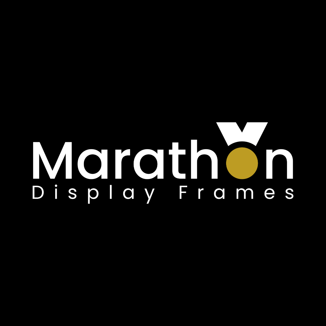 Marathon Display Frames logo with a gold circle and white crown shape above the letter o on a black background.