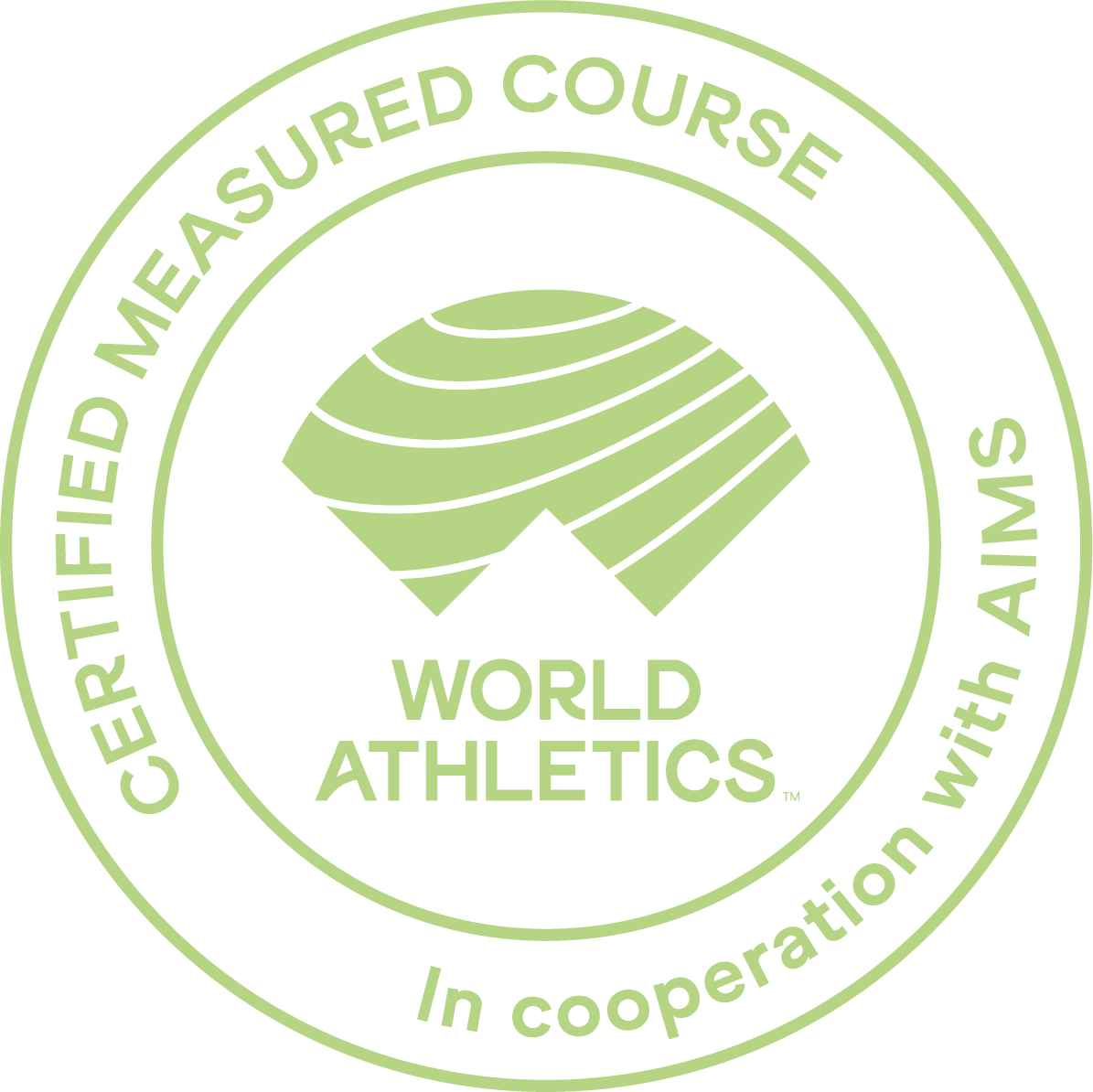 Green circular stamp with World Athletics logo in the center and text reading Certified Measured Course and In cooperation with AIMS around the border.