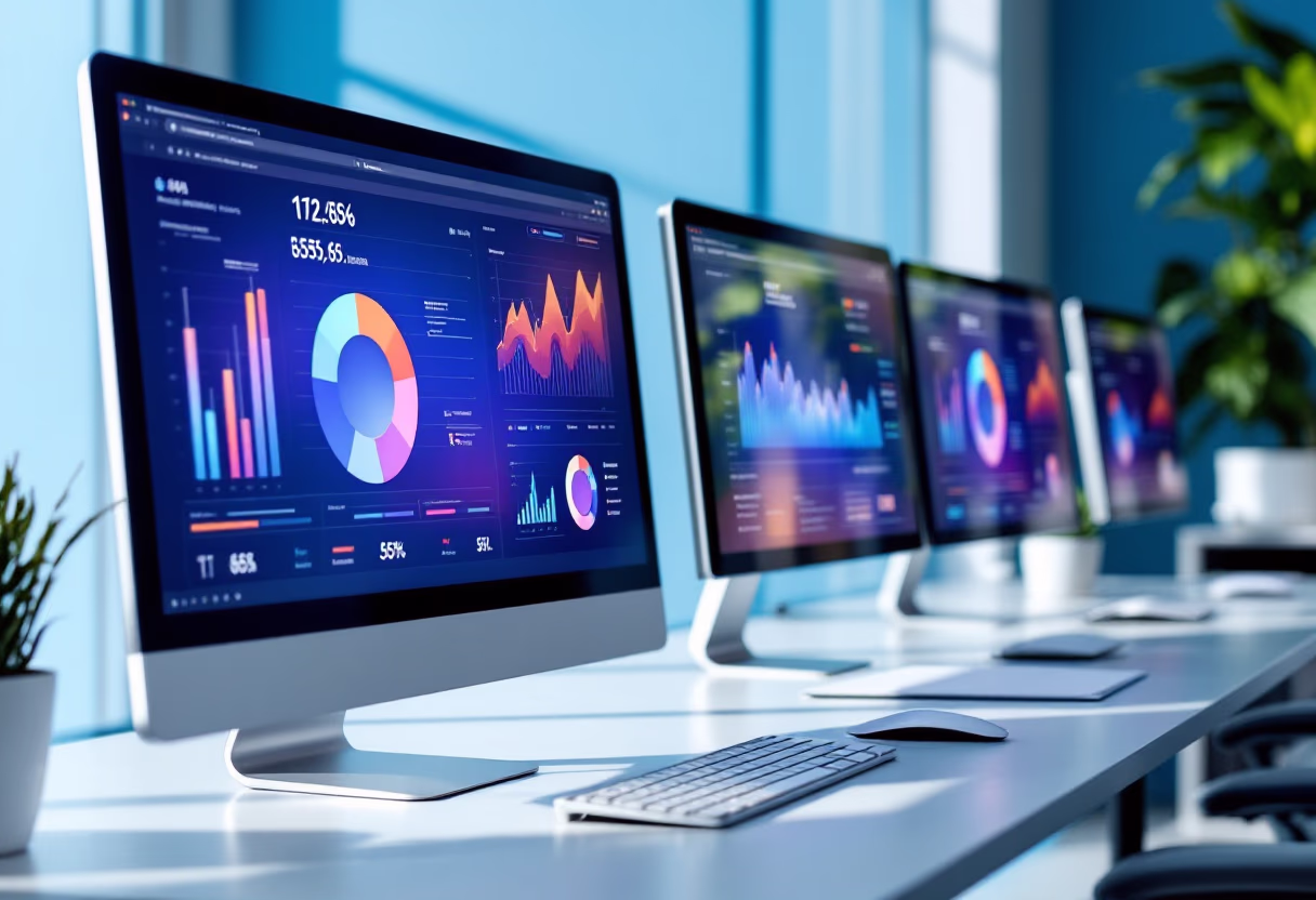 image of computer screens with data dashboards in a corporate office