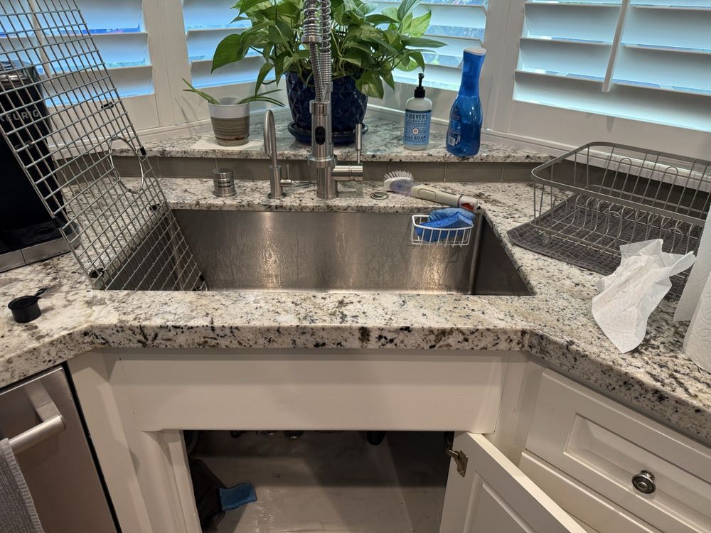 Kitchen sink with granite countertop and open cabinet below.