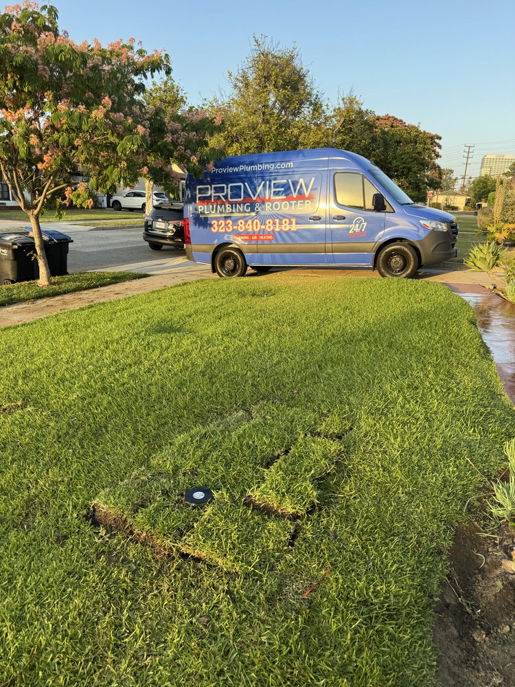 ProView Plumbing van parked by a lawn with a small dug-up grass patch.