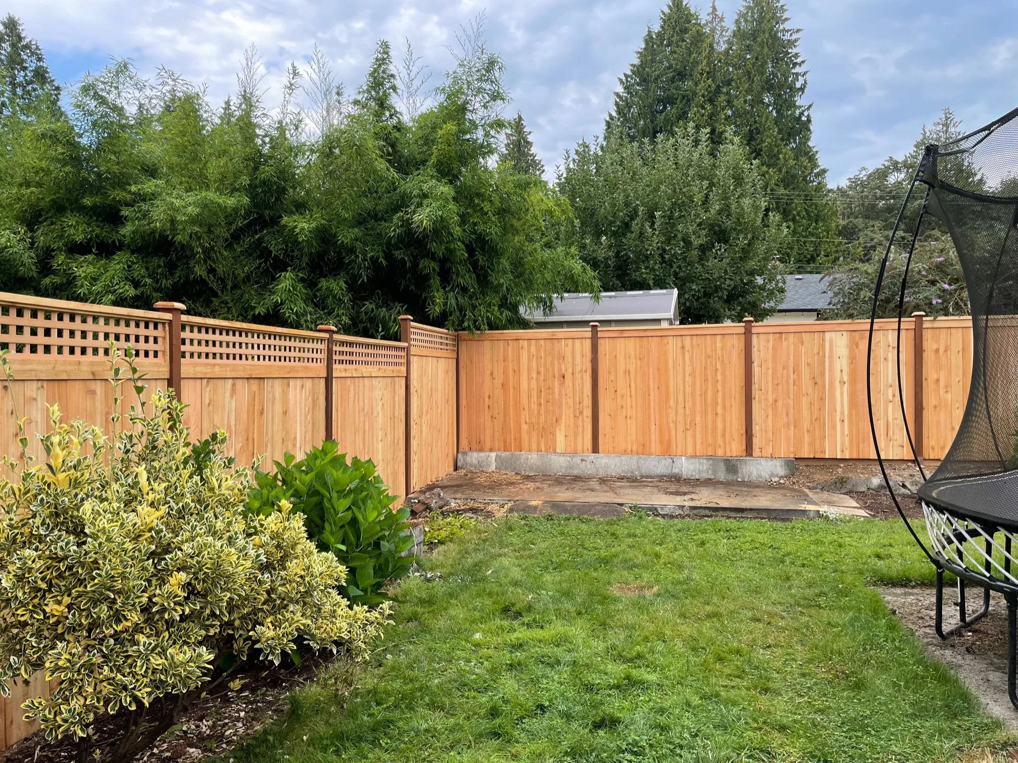 Cedar wooden privacy fence with a square lattice top installed around a residential backyard lawn.
