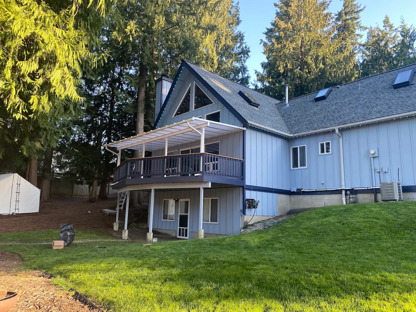A newly installed deck in front of a Seattle home's upper portion