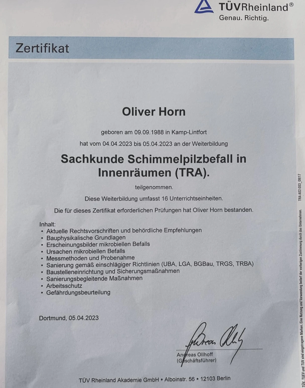 Zertifikat Horn Sachkunde Schimmelpilzbefall in Innenräumen (TRA)