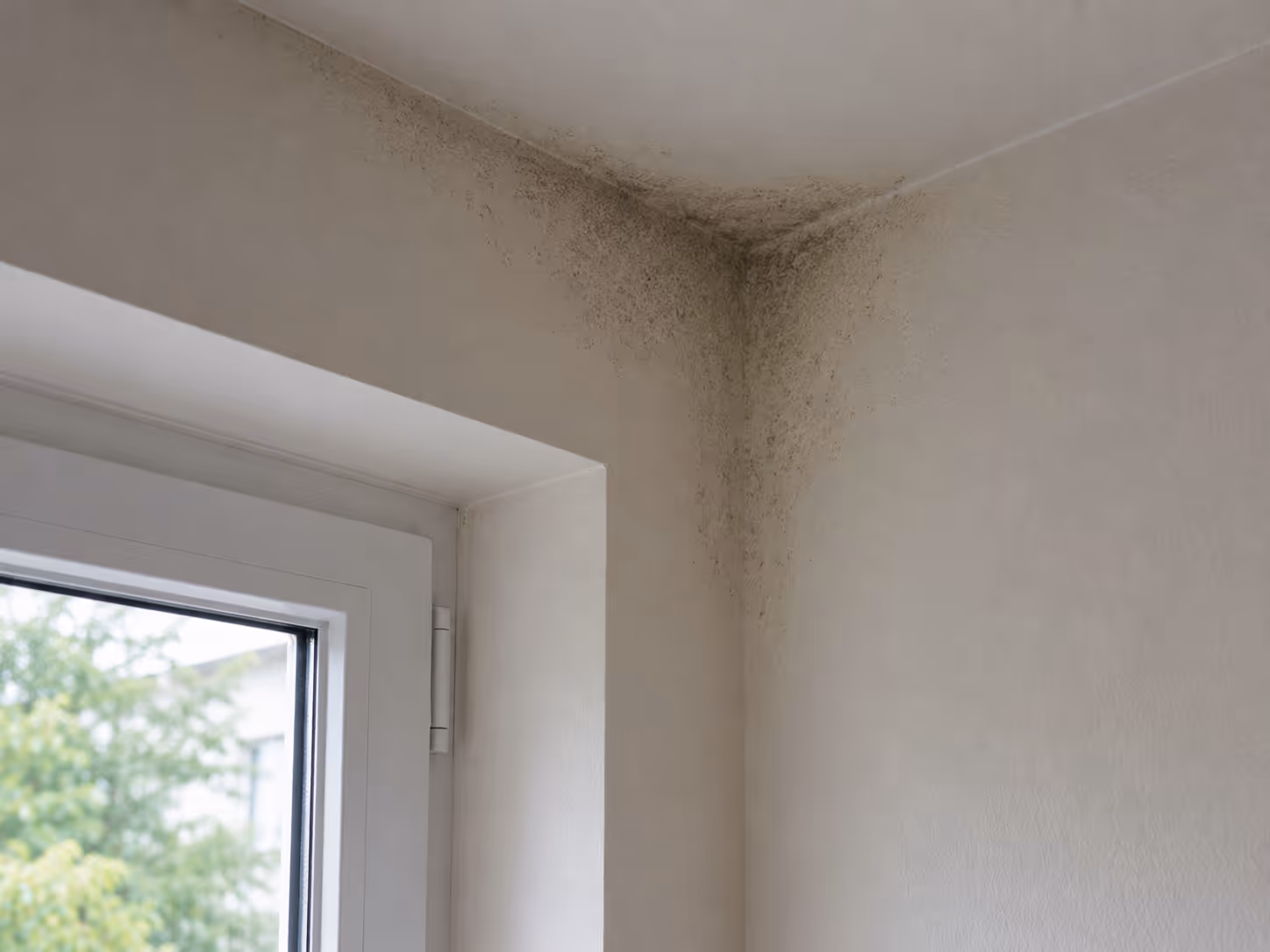 Beginnender Schimmelbefall in der Ecke am &Uuml;bergang von Wand zu Decke vor der Sanierung
