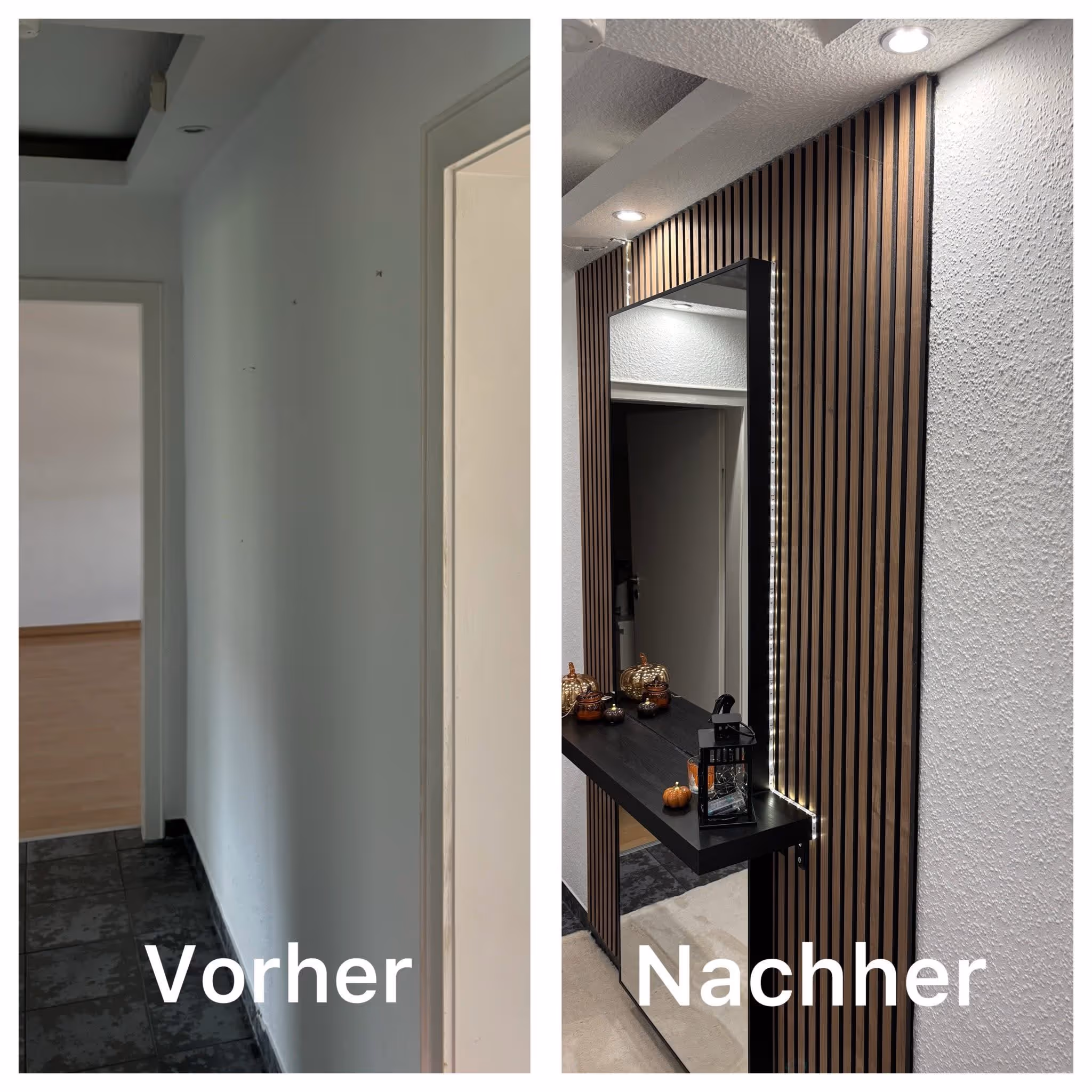 Vorher-Nachher-Vergleich: Akustikwand aus Holzpaneelen mit Spiegel und Ablage nach Innenausbau durch Horn RaumDesign Kleve