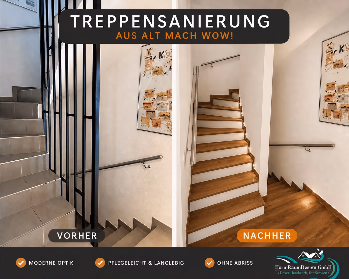 Vorher-Nachher-Vergleich einer Treppensanierung durch Horn RaumDesign Kleve