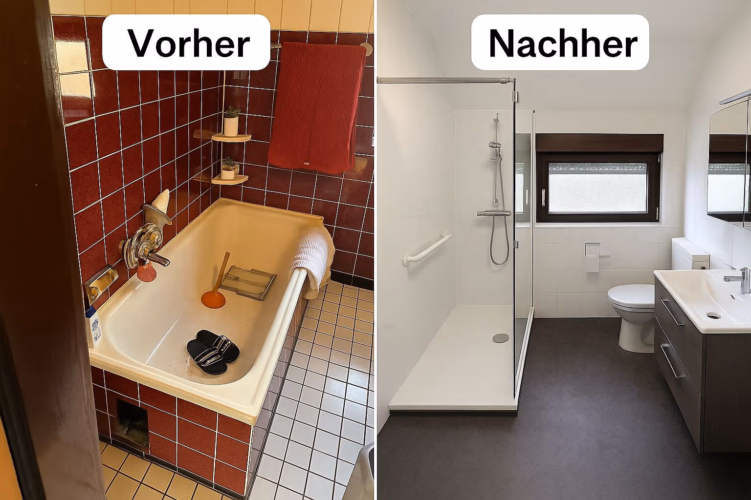 Vorher-Nachher-Vergleich einer Badsanierung durch Horn RaumDesign Kleve
