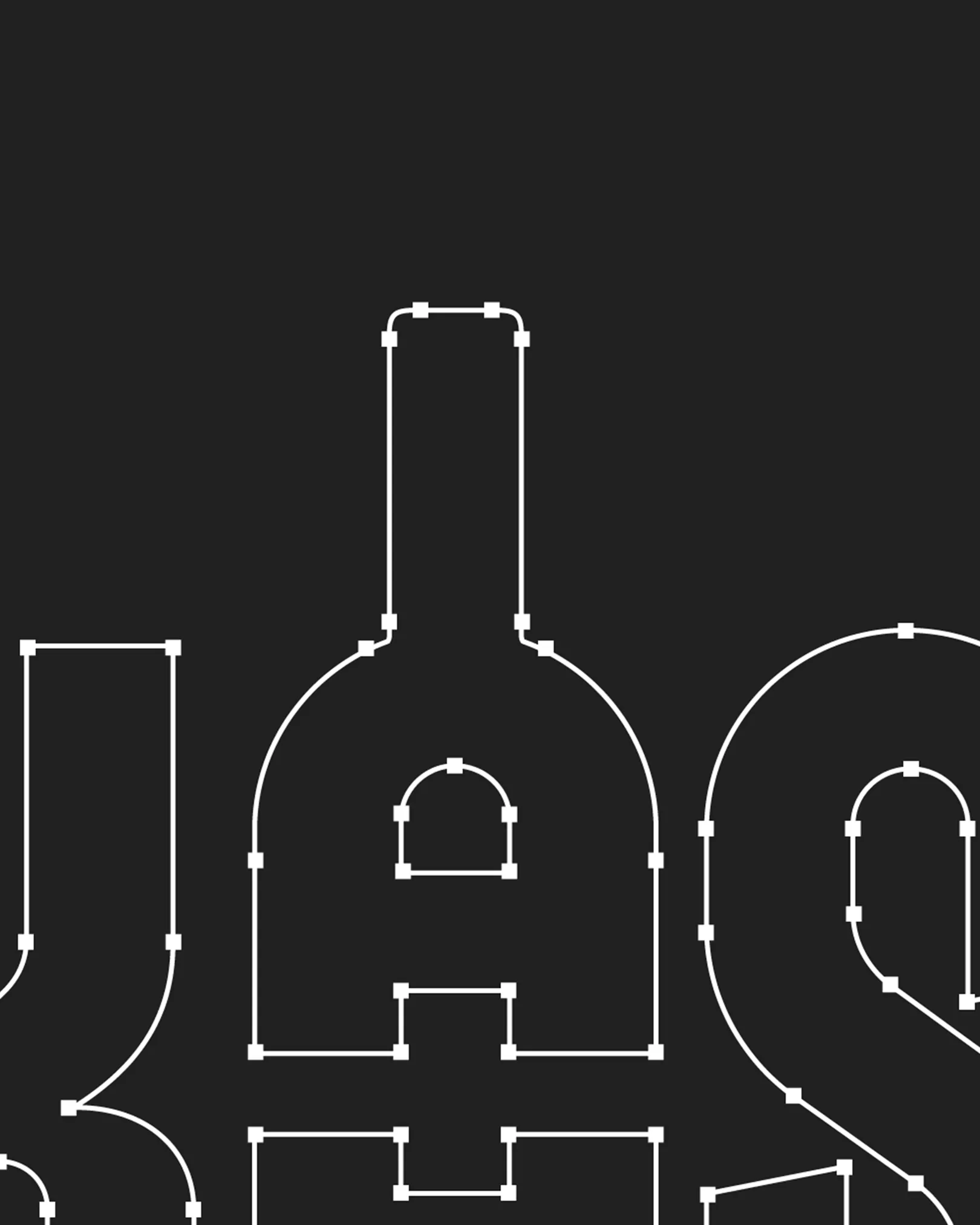 Detail van het logo-ontwerp van slijterij De Kaaskop, met een flesvorm opgebouwd uit vectorlijnen en ankerpunten in wit op een donkere achtergrond.