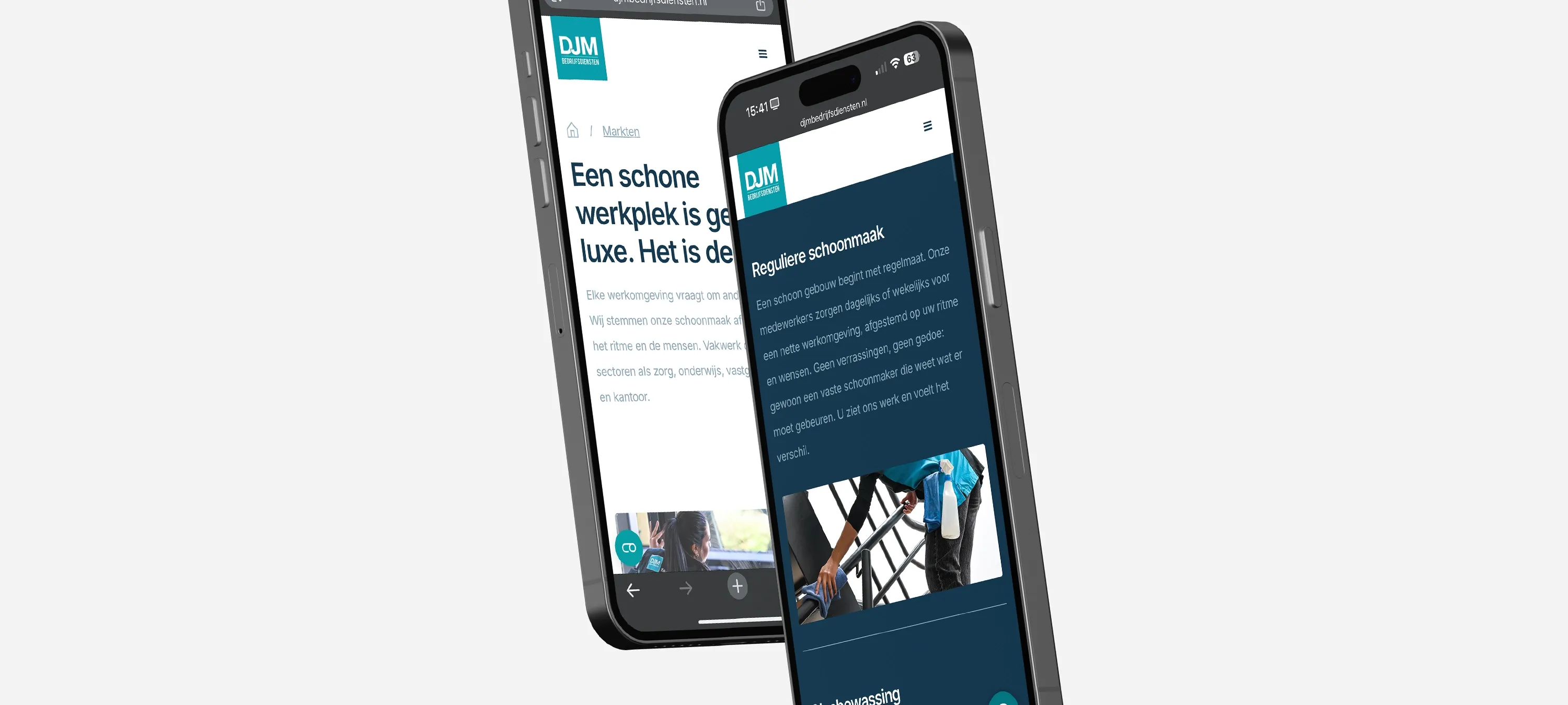 Mobiele websiteweergave van DJM Bedrijfsdiensten met teksten over een schone werkplek en reguliere schoonmaakdiensten.