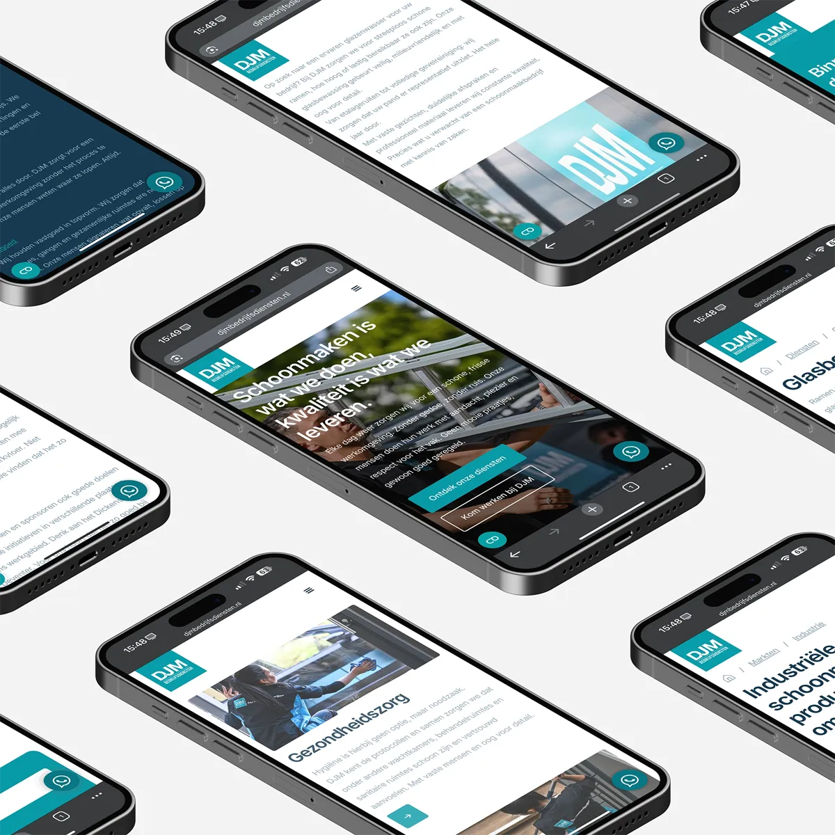 Mobiele weergave van de website van DJM Bedrijfsdiensten met schoonmaakdiensten, glasbewassing en gezondheidszorg.