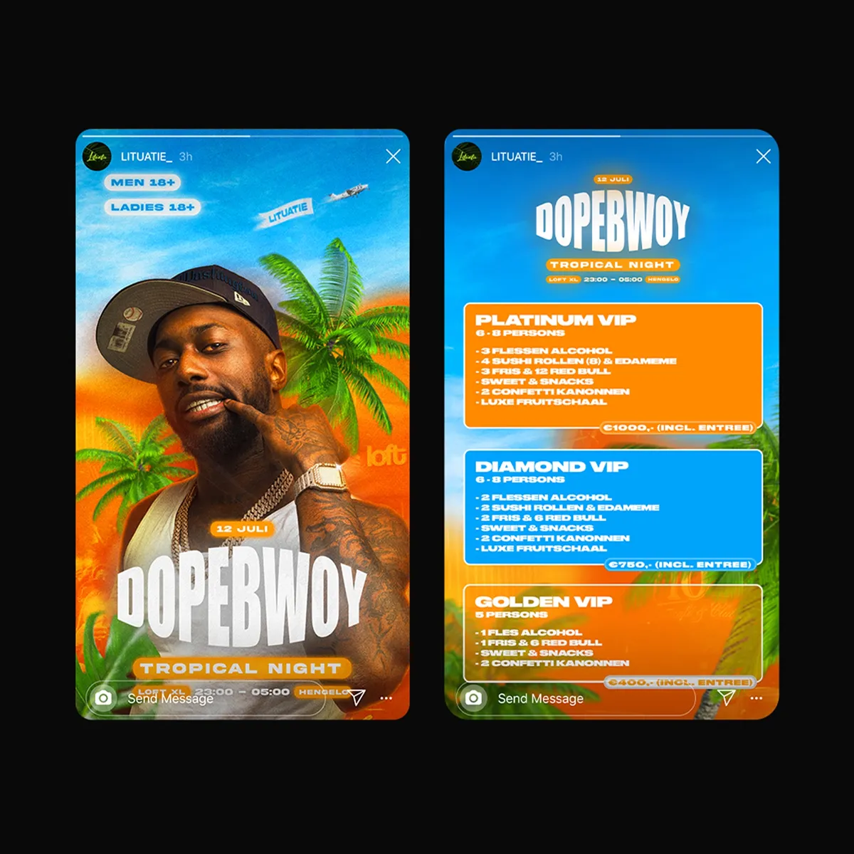 Instagram story promotie voor Tropical Night met Dopebwoy op 12 juli bij Loft XL in Hengelo, inclusief details over Platinum, Diamond en Golden VIP-arrangementen met drank, snacks en entree.