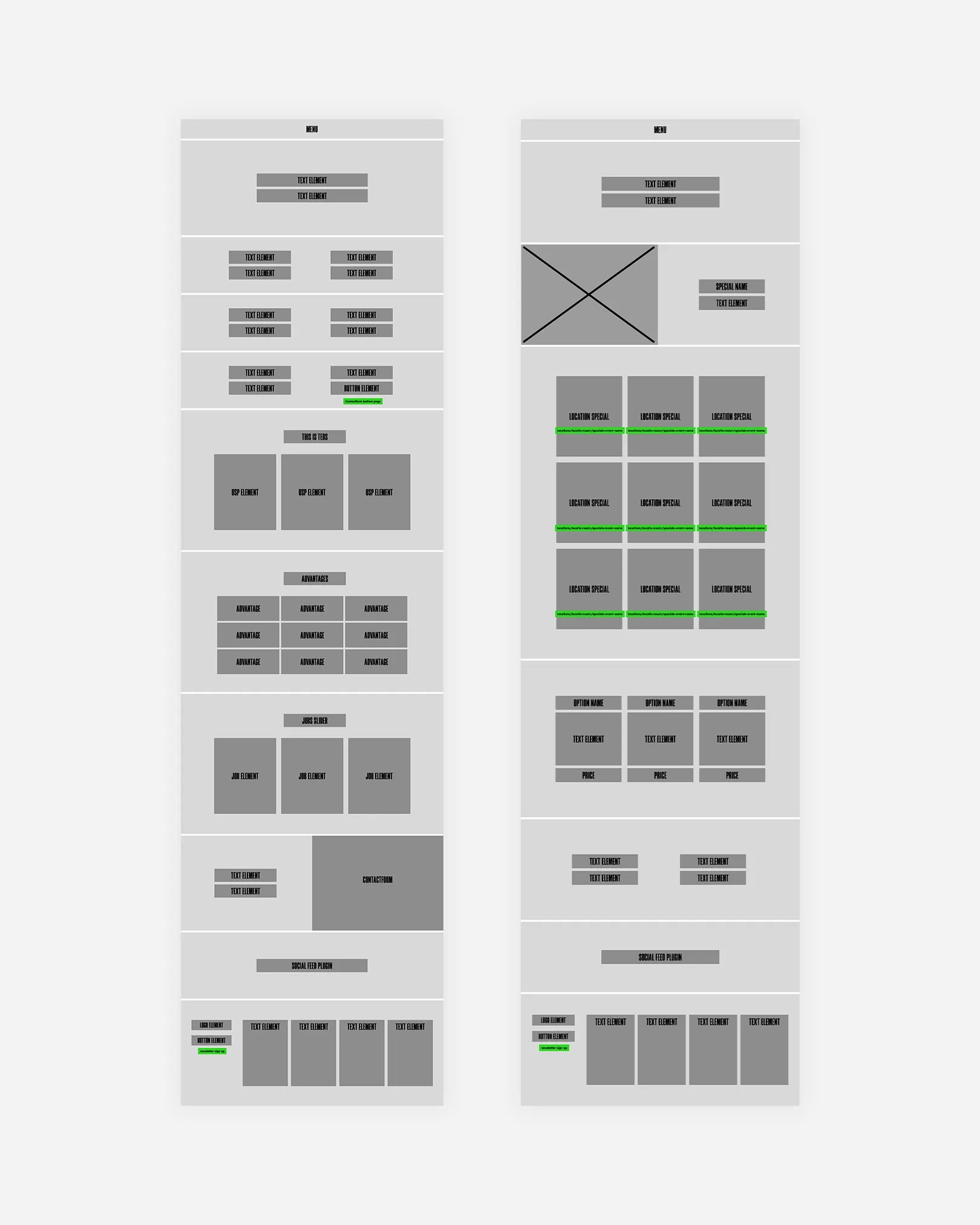 Wireframes van twee websitepagina’s naast elkaar met blokken voor menu, tekst, knoppen, afbeeldingen, specials en social feed.