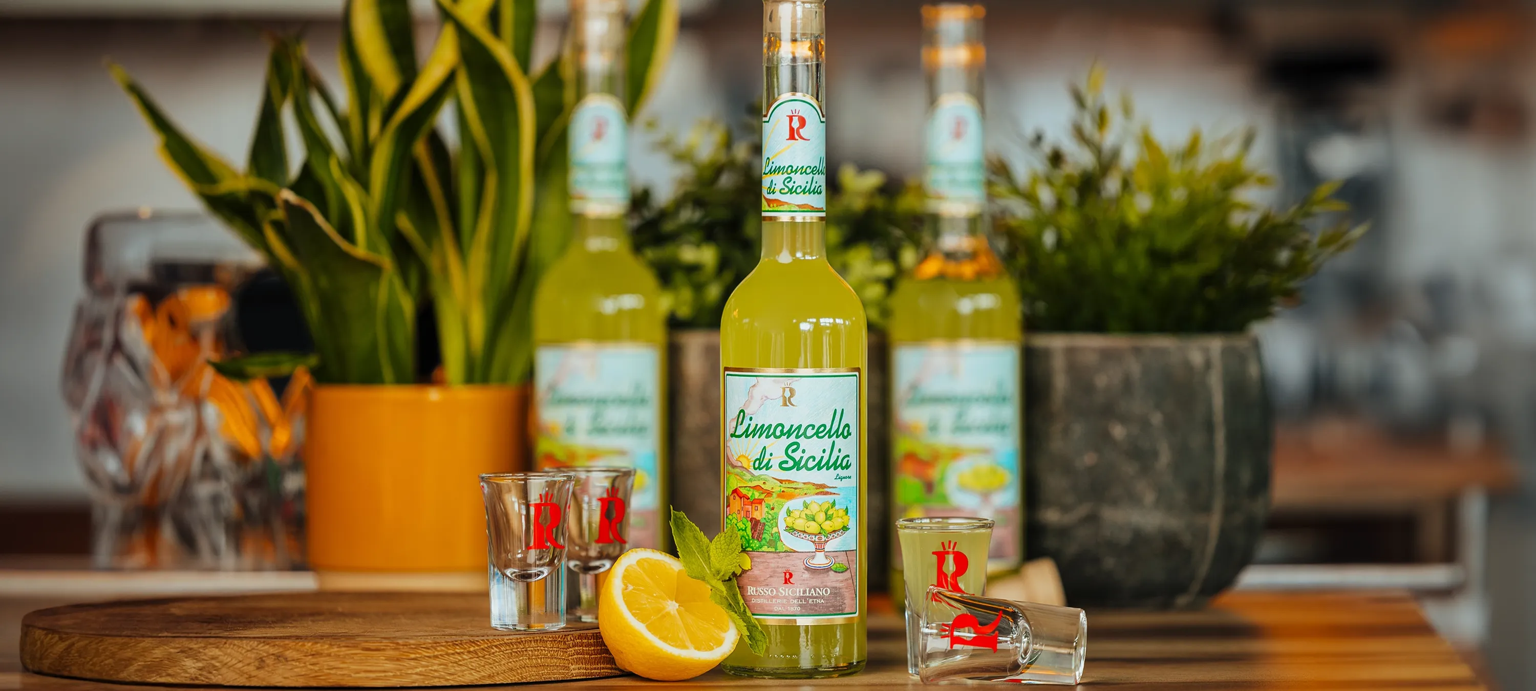 Fles Limoncello di Sicilia met citroen en shotglazen op houten plank, gefotografeerd in een sfeervolle setting met groene planten.