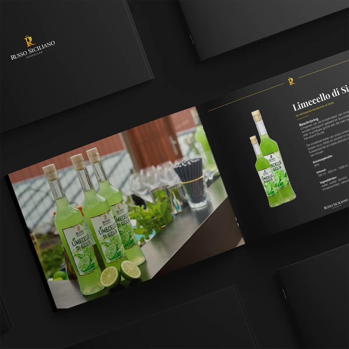 Spread uit de Russo Siciliano brochure met links een foto van flessen Limecello di Sicilia naast verse limoenen en glazen, en rechts productinformatie met afbeelding van de likeurfles op zwarte achtergrond.