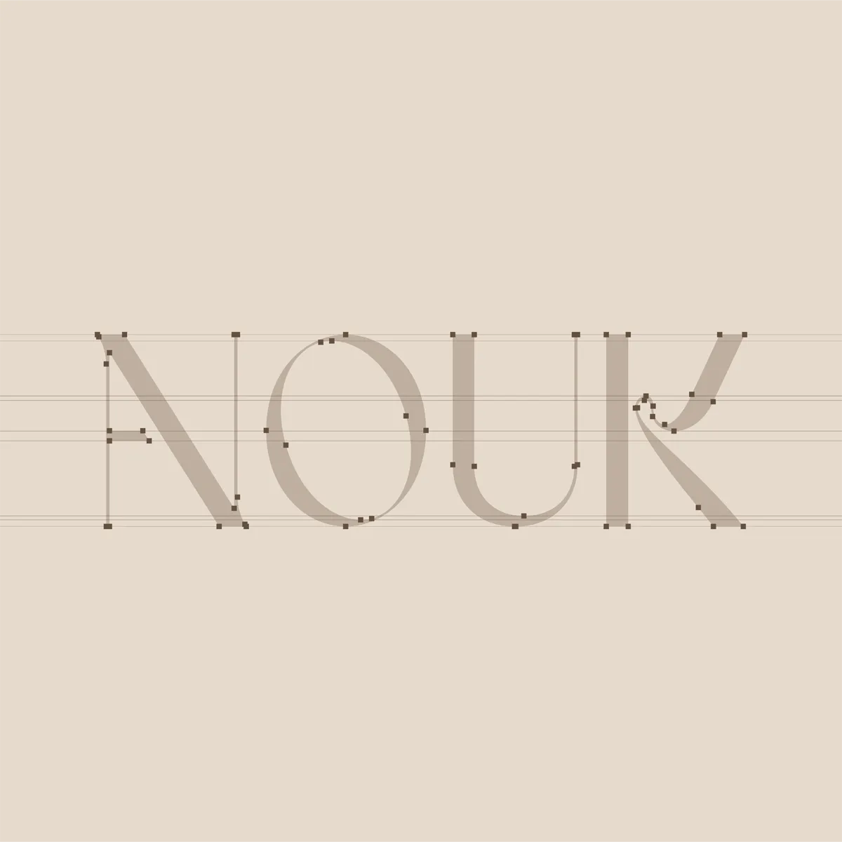 Minimalistisch logo-ontwerp van ‘NOUK’ in een moderne serif-typografie met zichtbare hulplijnen en ankerpunten, weergegeven op een beige achtergrond.