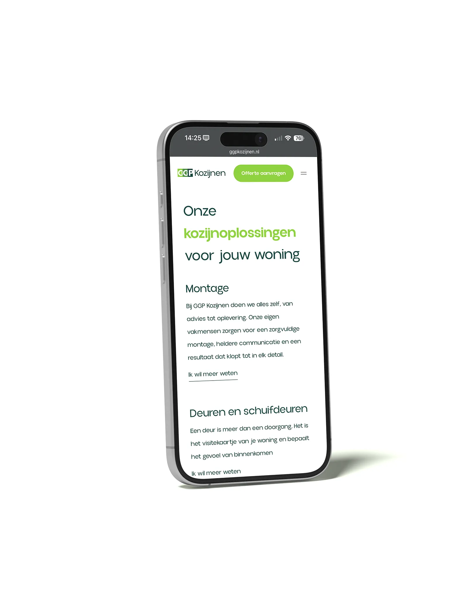 Een foto van de website van GGP Kozijnen op een mobiele telefoon.