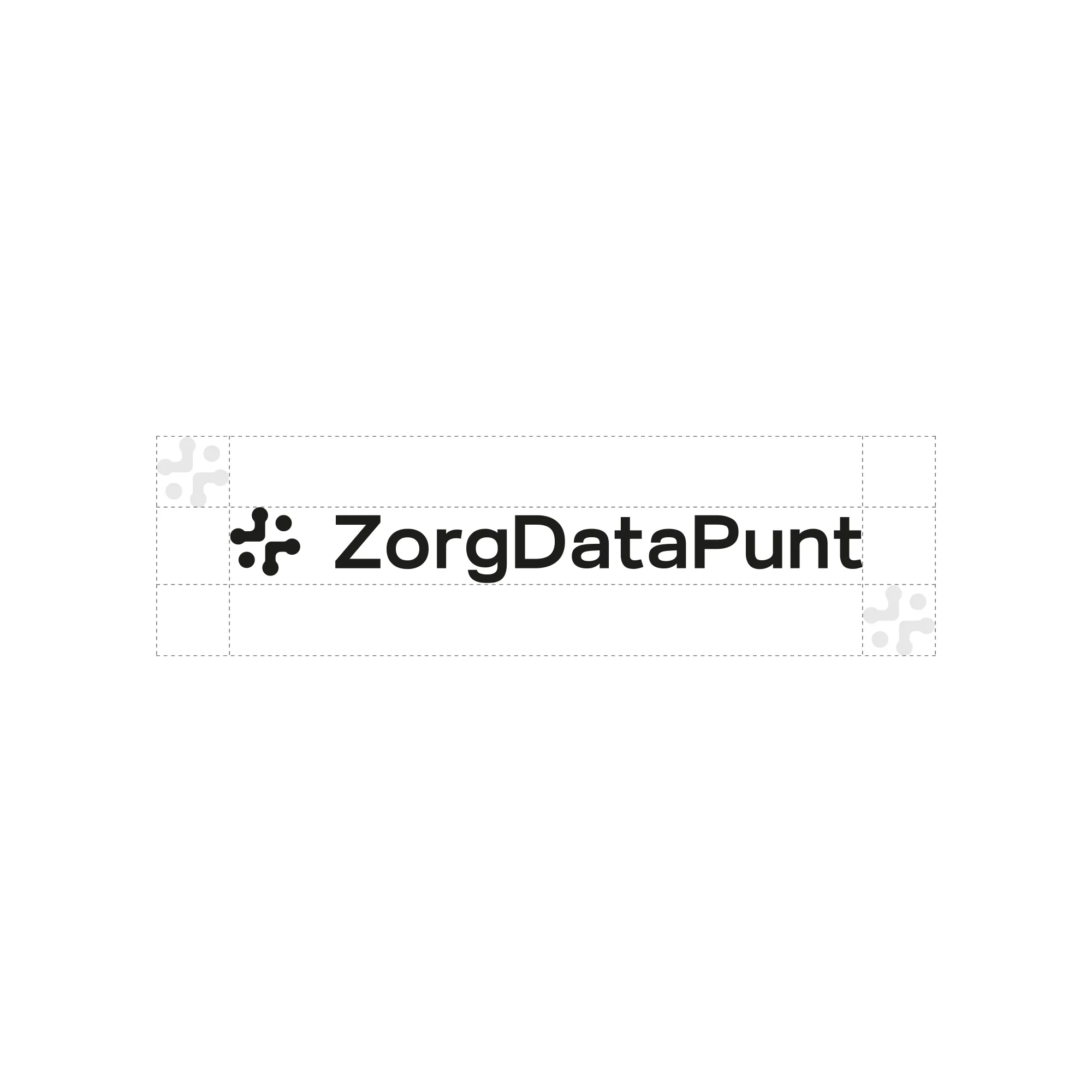 ZorgDataPunt logo met witruimte-richtlijnen in zwart op wit, onderdeel van de brand guidelines ontwikkeld door East Creatives