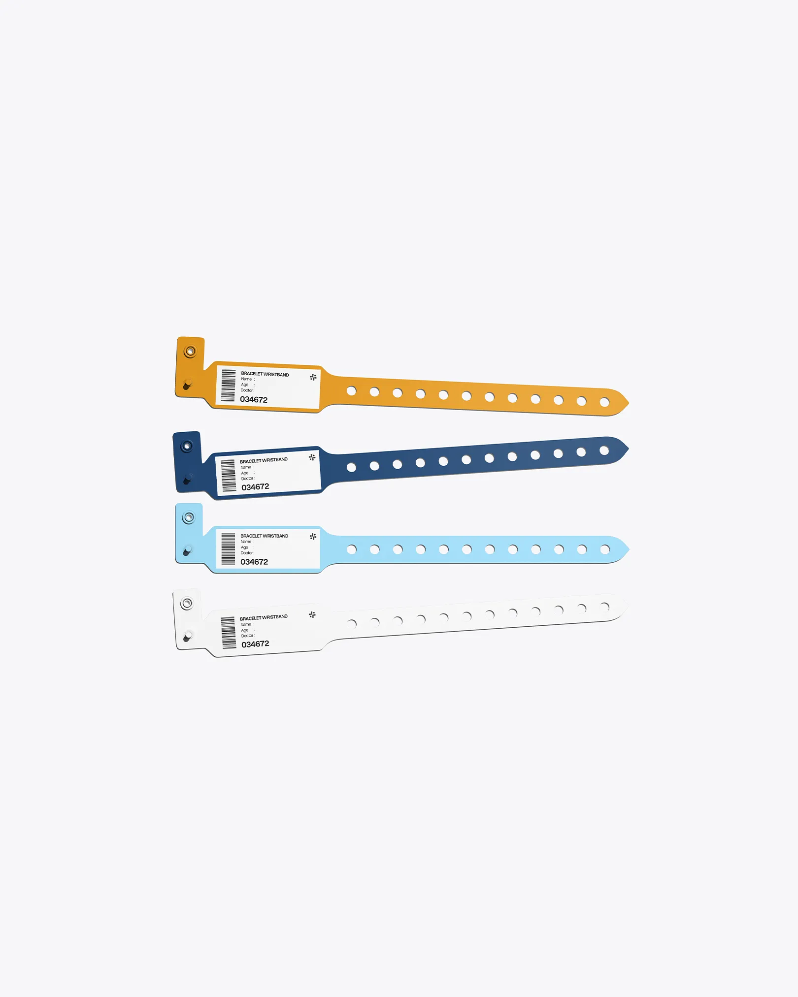 Vier ZorgDataPunt polsbandjes in de merkkleuren oranje, donkerblauw, lichtblauw en wit met het logo en barcode, onderdeel van de brand identity door East Creatives