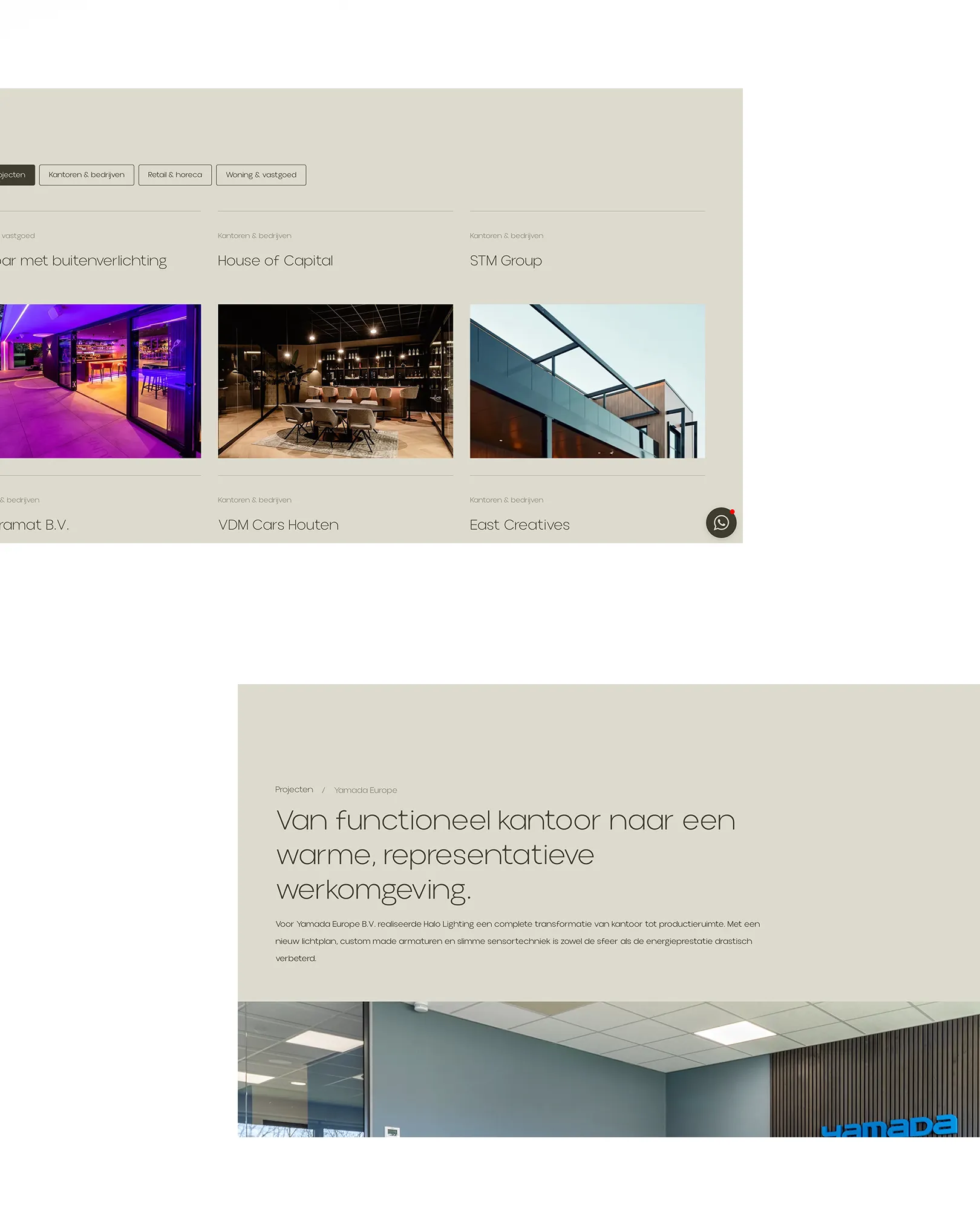 Portfolio-overzicht op de website van Halo Lighting met projecten voor onder meer House of Capital, STM Group, VDM Cars Houten en East Creatives.