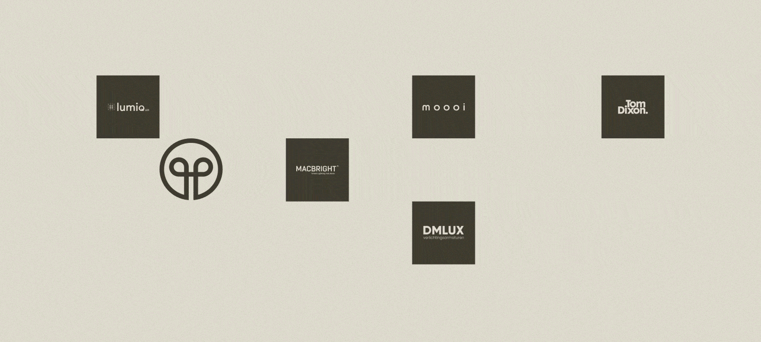 Overzicht van merken en partners op de website van Halo Lighting, waaronder Lumiq LED, MacBright, Moooi, DMLUX en Tom Dixon.