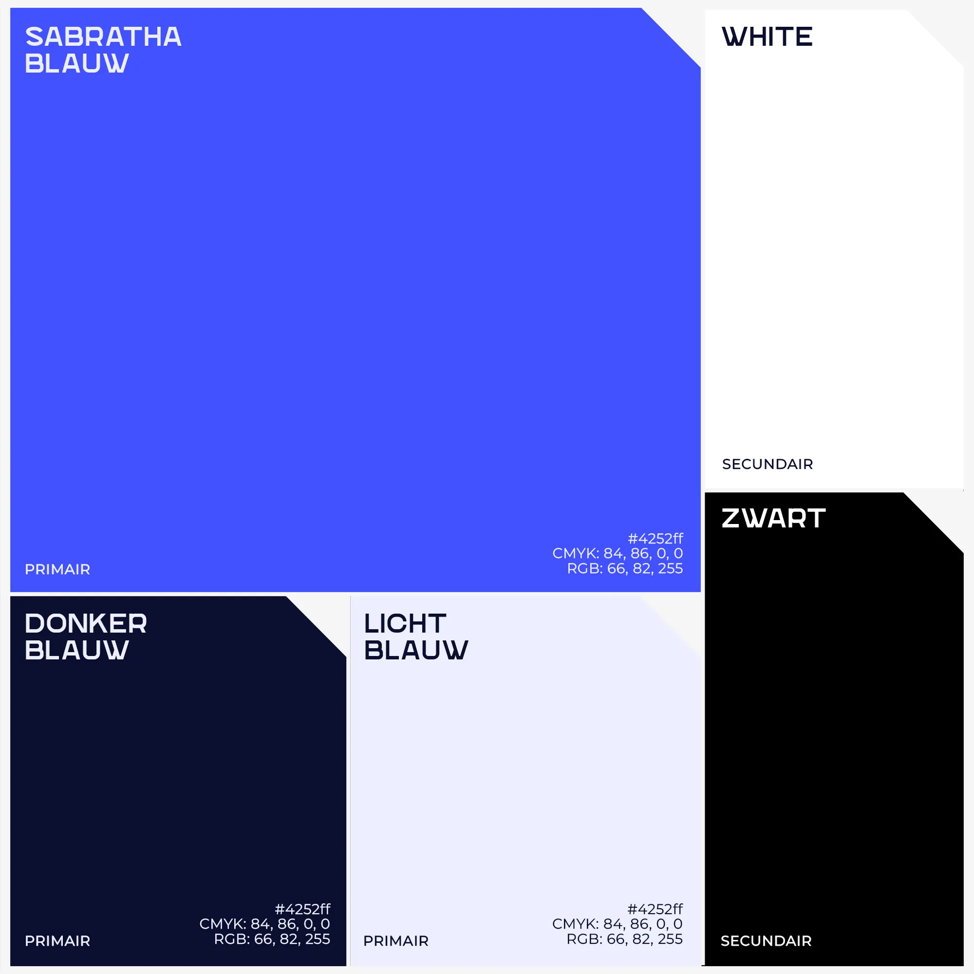 Kleurenpalet van Sabratha met primair Sabratha-blauw (#4252ff), donkerblauw en lichtblauw als aanvullende primaire tinten, en wit en zwart als secundaire kleuren, inclusief CMYK- en RGB-specificaties.