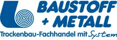 Logo von Baustoff + Metall mit dem Text Trockenbau-Fachhandel mit System in Blau.