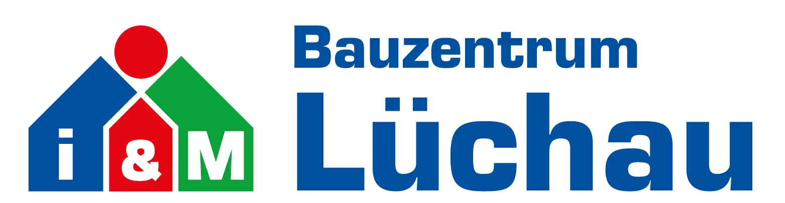 Logo vom Bauzentrum Lüchau mit stilisierten Häusern in Blau, Rot und Grün und den Buchstaben i, & und M.