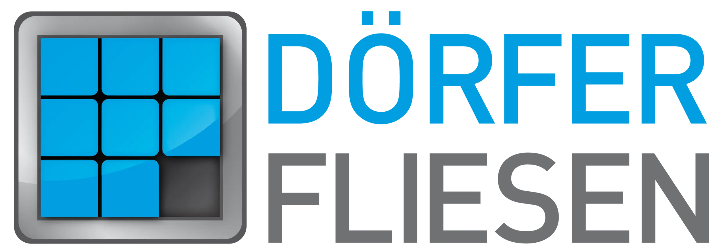 Logo mit einem grauen Rahmen, der neun blaue quadratische Fliesen zeigt, eine fehlt unten rechts, rechts daneben der Text DÖRFER in Blau und FLIESEN in Grau.