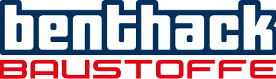 Logo mit dem Text 'benthack BAUSTOFFE' in weißer und roter Schrift.
