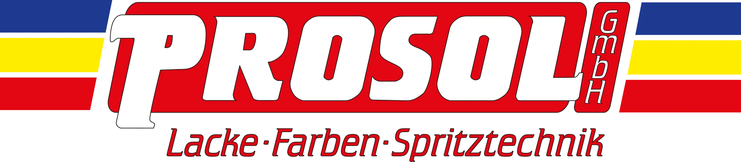 PROSOL GmbH Logo mit den Worten Lacke, Farben, Spritztechnik, eingefasst von blauen, gelben und roten Streifen.