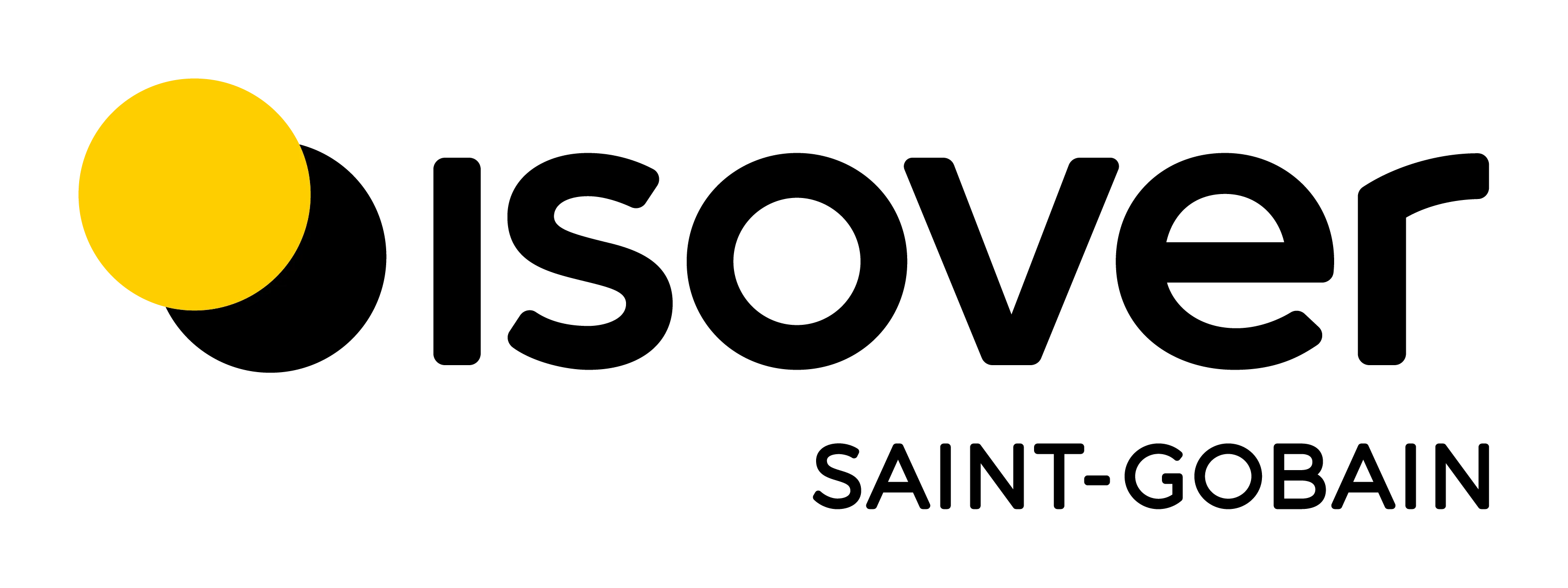 Isover-Logo mit gelbem Kreis und schwarzem Text.