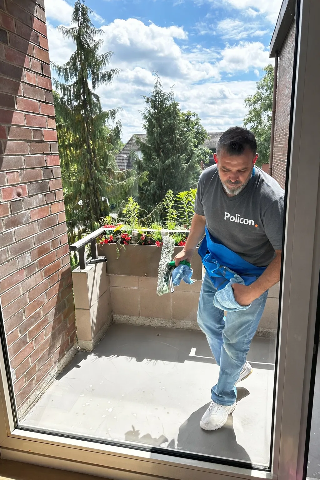 Mitarbeiter der Policon GmbH bei der professionellen Fensterreinigung auf einem Balkon.