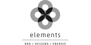 Logo mit vier stilisierten Blättern im Kreis über dem Schriftzug 'elements' und den Wörtern 'BAD / HEIZUNG / ENERGIE'.
