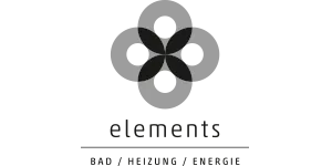 Logo mit vier stilisierten Blättern im Kreis über dem Schriftzug 'elements' und den Wörtern 'BAD / HEIZUNG / ENERGIE'.