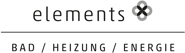 Logo mit dem Schriftzug 'elements' und einem stilisierten Blüten-Symbol, darunter die Worte 'BAD / HEIZUNG / ENERGIE'.