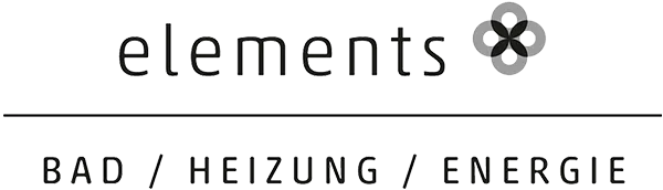 Logo mit dem Schriftzug 'elements' und einem stilisierten Blüten-Symbol, darunter die Worte 'BAD / HEIZUNG / ENERGIE'.