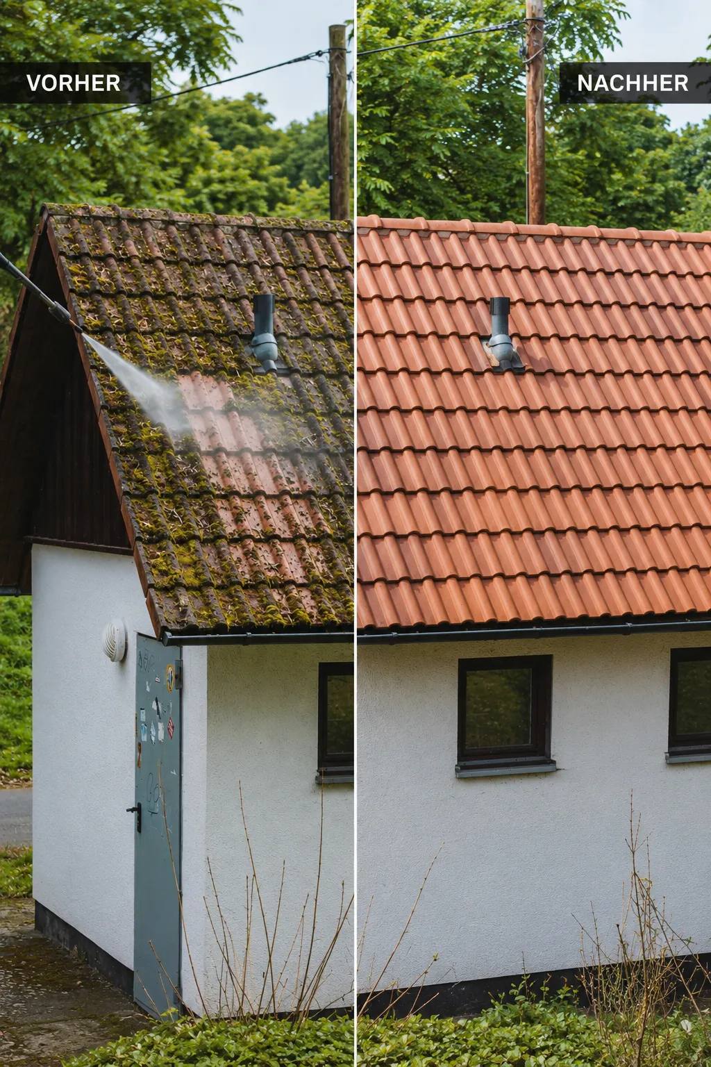 Vorher Nachher Bild eines durch Policon gereinigten Daches