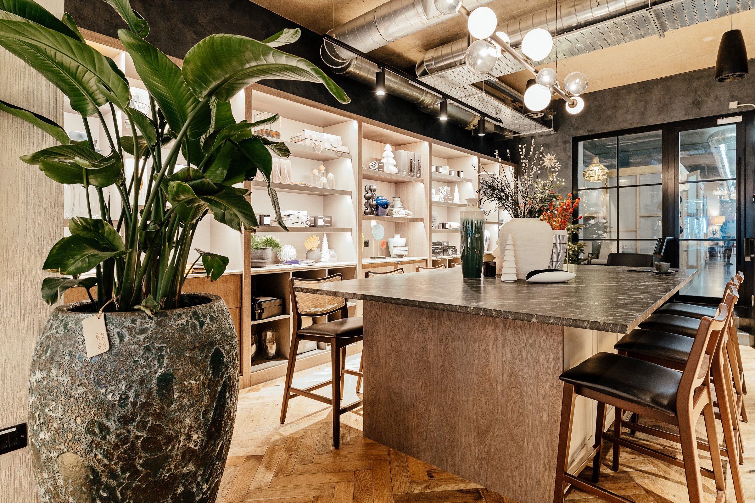 The Collective Cafe high table with light fitting