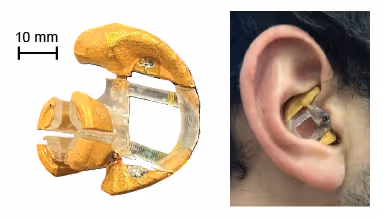 The right side shows a gold colored schematic of an earbud, and the left side shows an ear with the earbud inserted.