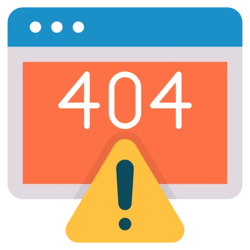 Browser window displaying a large 404 error message with a yellow warning triangle containing an exclamation mark.