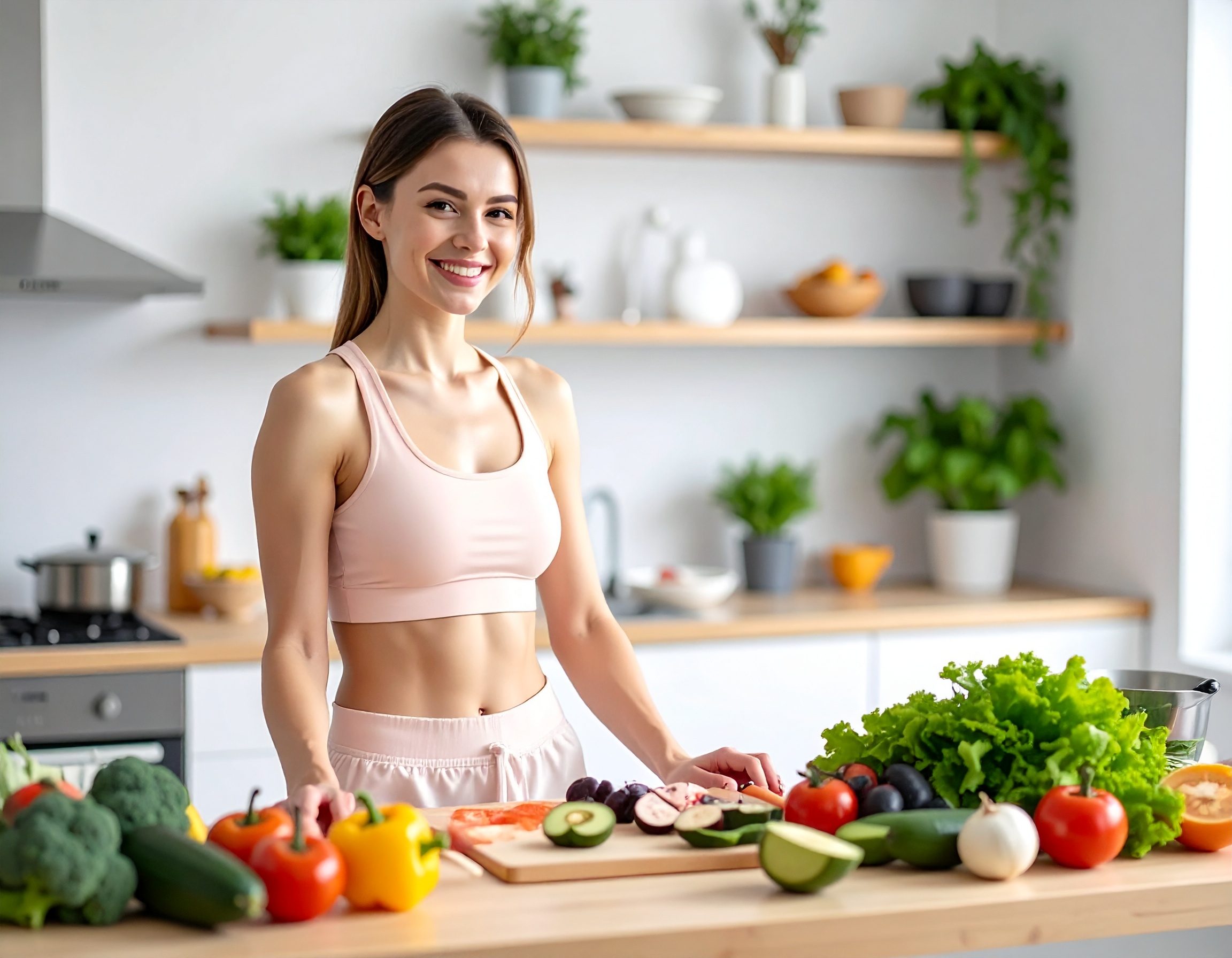 Smiling young woman in a bright kitchen preparing fresh vegetables including lettuce, tomatoes, bell peppers, avocado, and broccoli on a wooden counter.