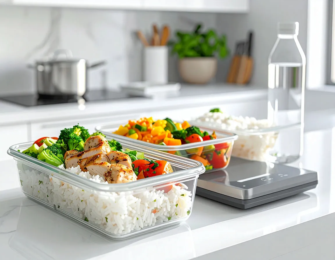 Three glass meal-prep containers on a white kitchen counter, filled with white rice, grilled chicken, and mixed colorful vegetables, next to a digital kitchen scale and a bottle of water.