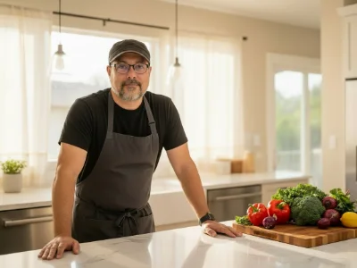 Man wearing glasses, a black shirt, and apron standing in a bright kitchen with fresh vegetables on a cutting board.