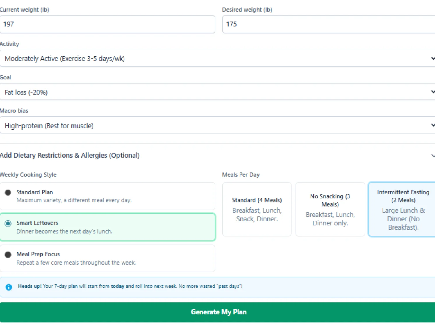 Weekly Cooking Style selection with options: Standard Plan with maximum variety, Smart Leftovers with dinner becoming next day's lunch selected, Meal Prep Focus repeating core meals, and buttons for Generate My Plan and Reset Form.